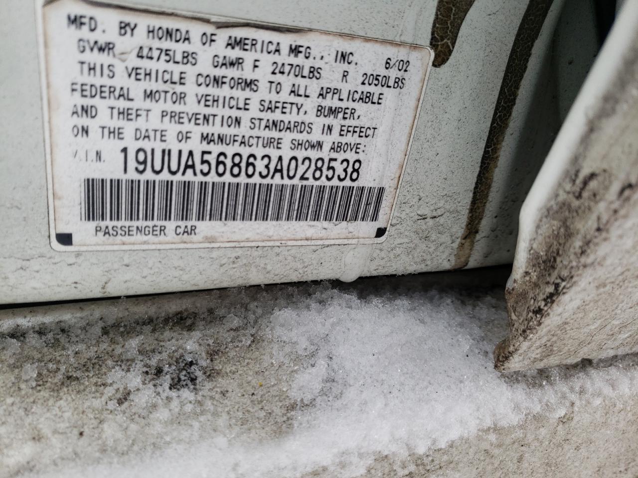 Photo 10 from auction – 2003 ACURA 3.2TL TYPE with VIN 19UUA56863A028538