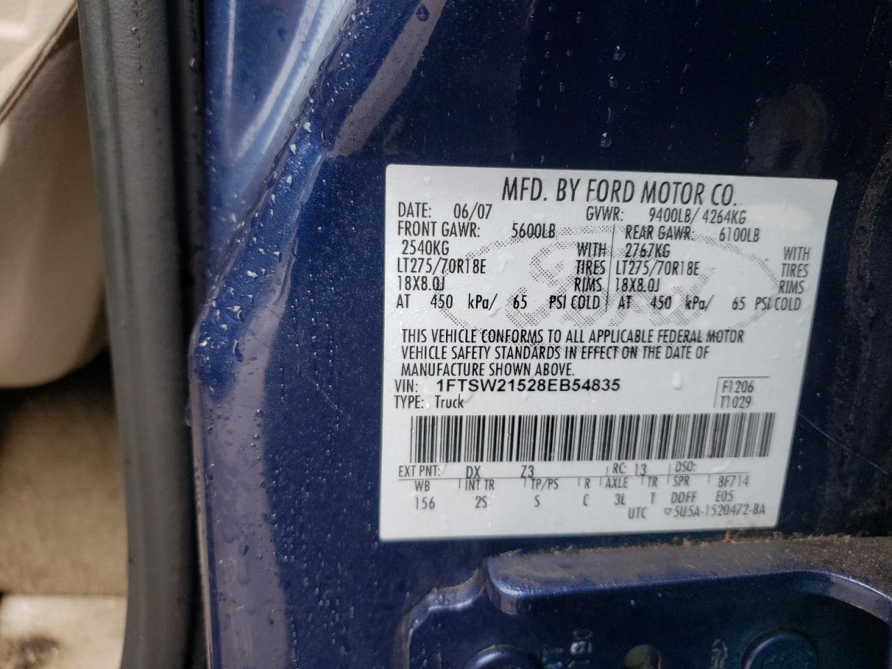 Photo 10 from auction – 2008 FORD F250 SUPER with VIN 1FTSW21528EB54835