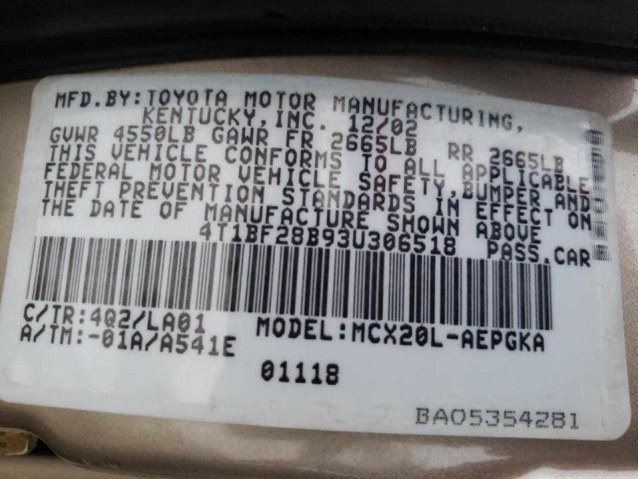 Photo 10 from auction – 2003 TOYOTA AVALON XL with VIN 4T1BF28B93U306518