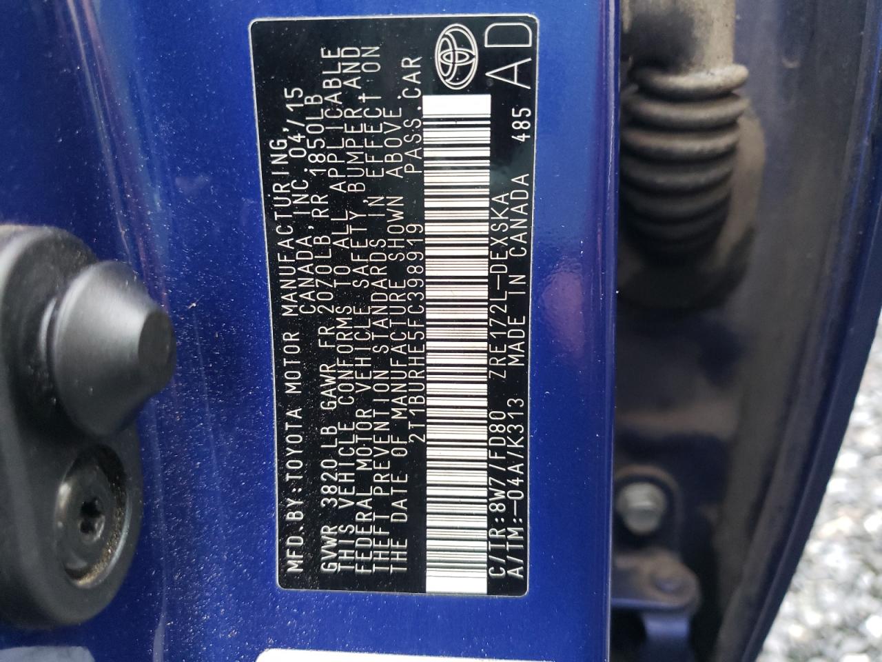 Photo 10 from auction – 2015 TOYOTA COROLLA L with VIN 2T1BURHE5FC398919