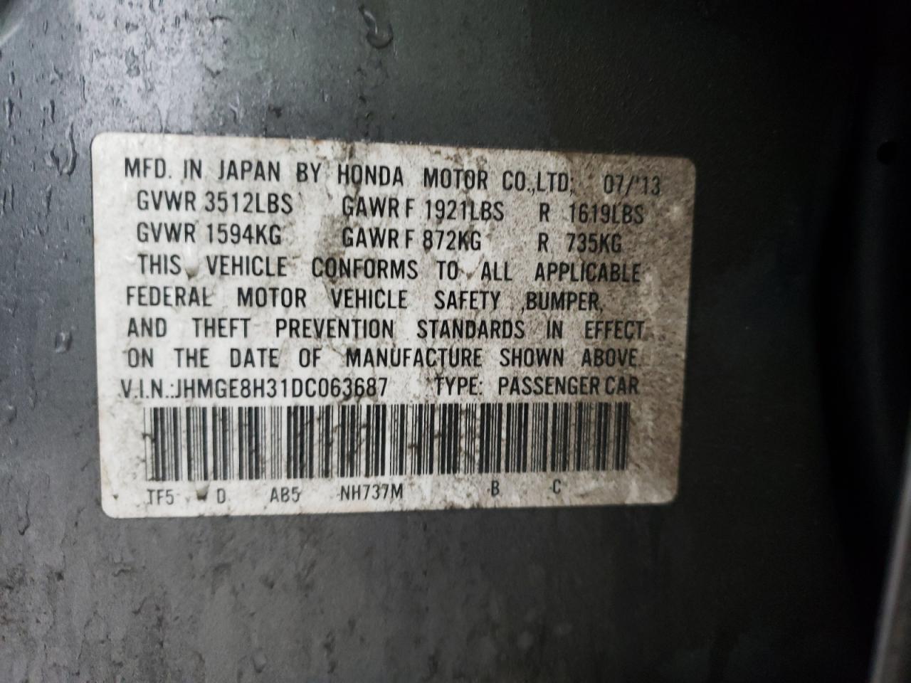 Photo 10 from auction – 2013 HONDA FIT with VIN JHMGE8H31DC063687
