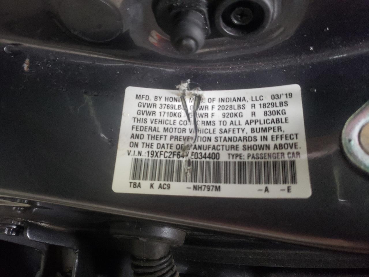 Photo 10 from auction – 2019 HONDA CIVIC LX with VIN 19XFC2F64KE034400