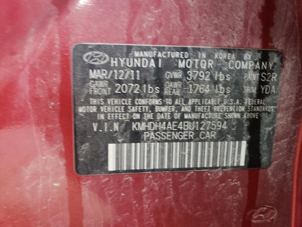 Photo 10 from auction – 2011 HYUNDAI ELANTRA GL with VIN KMHDH4AE4BU127594