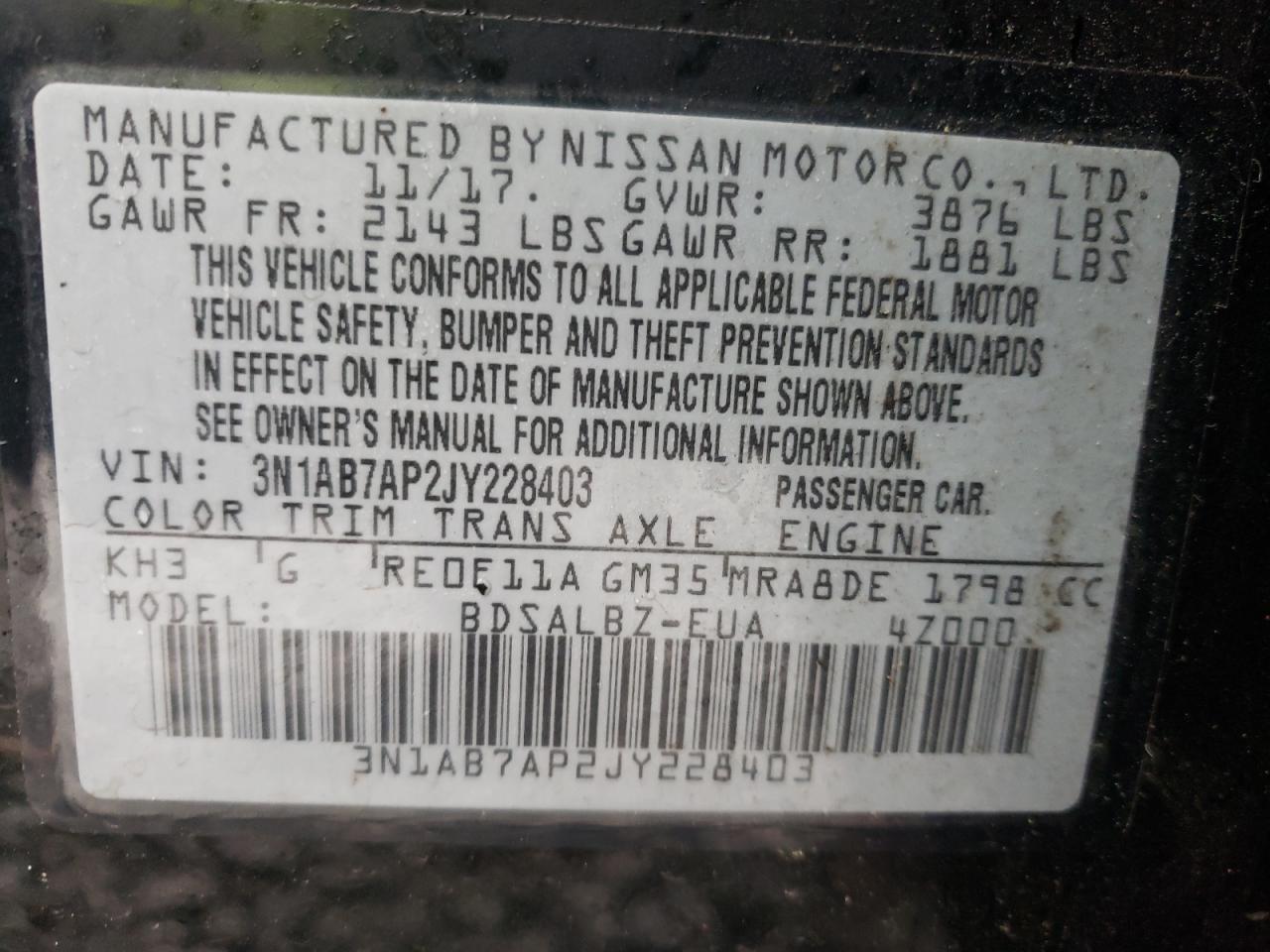 Photo 10 from auction – 2018 NISSAN SENTRA S with VIN 3N1AB7AP2JY228403