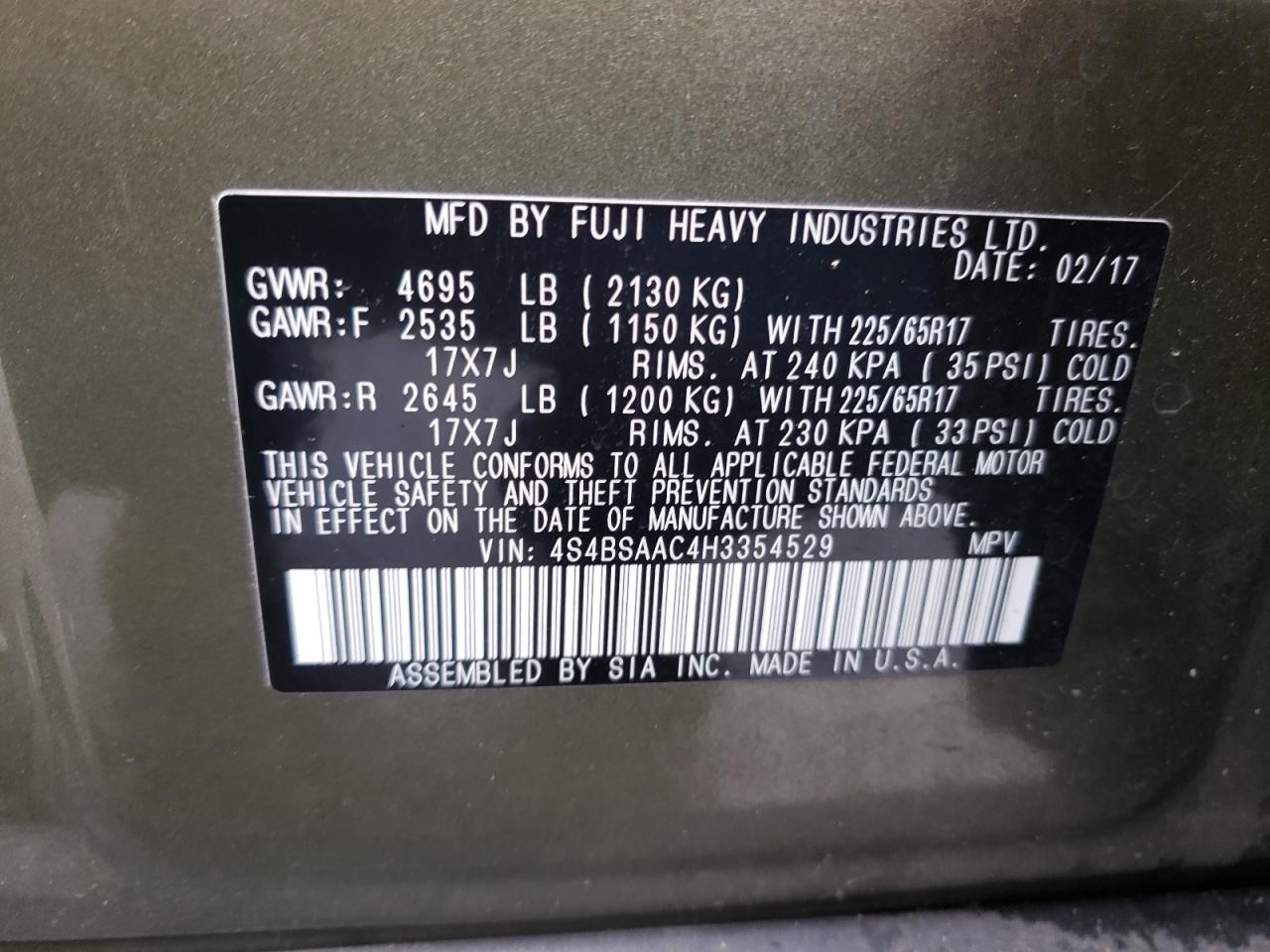 Photo 10 from auction – 2017 SUBARU OUTBACK 2. with VIN 4S4BSAAC4H3354529