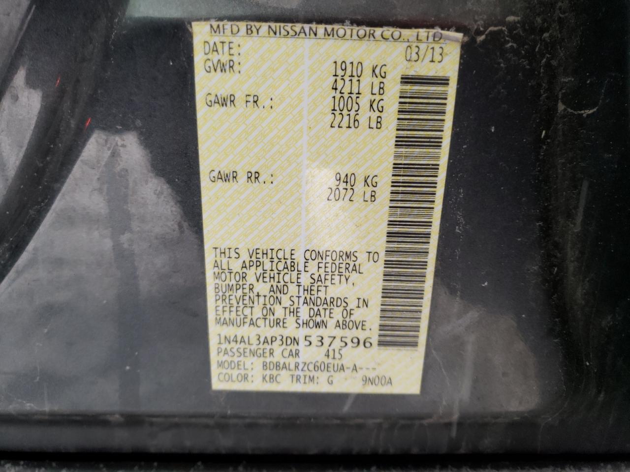 Photo 10 from auction – 2013 NISSAN ALTIMA 2.5 with VIN 1N4AL3AP3DN537596