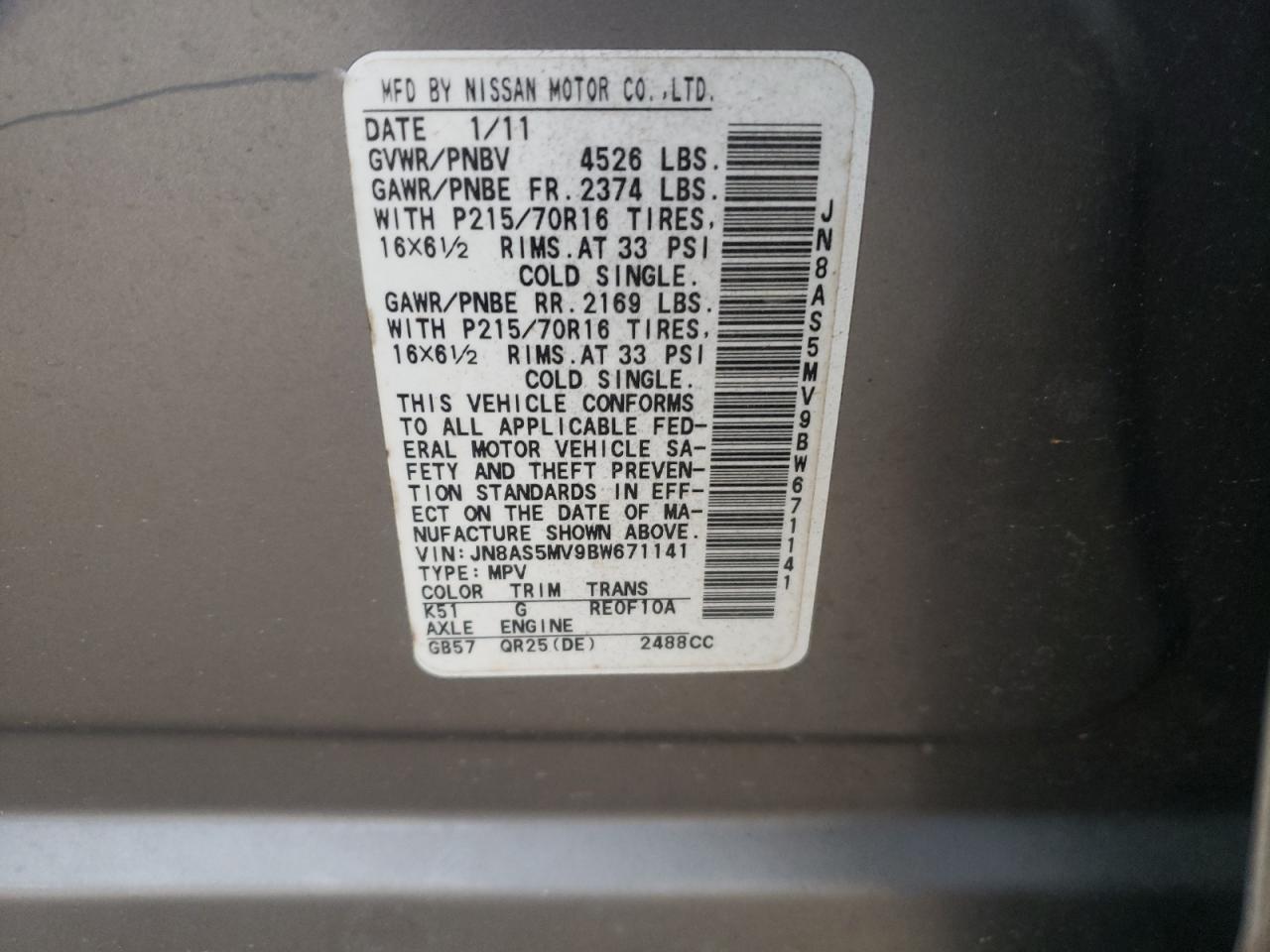 Photo 10 from auction – 2011 NISSAN ROGUE S with VIN JN8AS5MV9BW671141