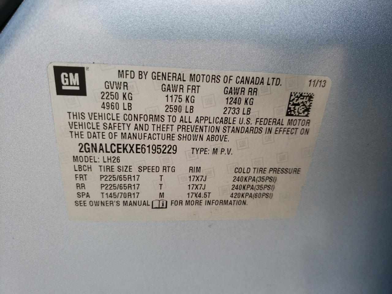 Photo 10 from auction – 2014 CHEVROLET EQUINOX LT with VIN 2GNALCEKXE6195229