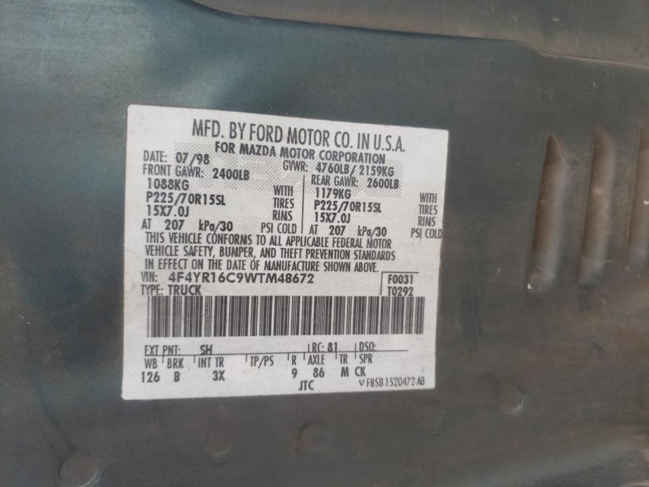 Photo 10 from auction – 1998 MAZDA B2500 with VIN 4F4YR16C9WTM48672