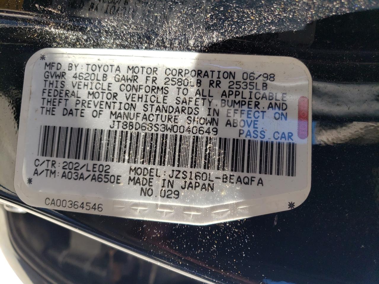 Photo 10 from auction – 1998 LEXUS GS 300 with VIN JT8BD68S3W0040649