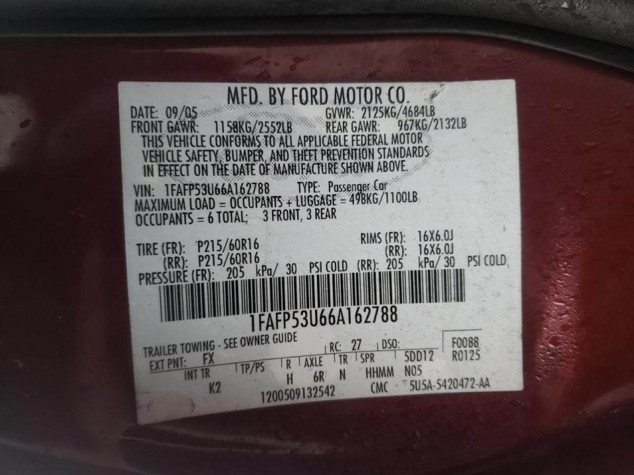 Photo 10 from auction – 2006 FORD TAURUS SE with VIN 1FAFP53U66A162788