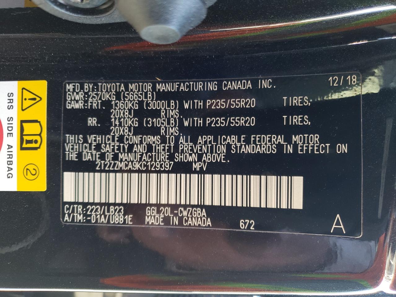 Photo 10 from auction – 2019 LEXUS RX 350 BAS with VIN 2T2ZZMCA9KC129397