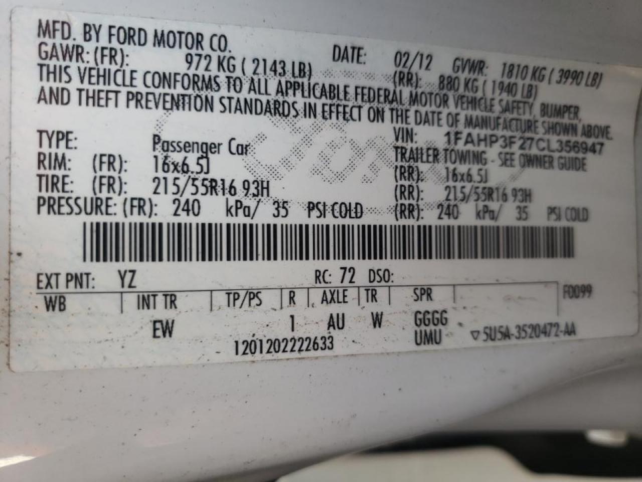 Photo 10 from auction – 2012 FORD FOCUS SE with VIN 1FAHP3F27CL356947
