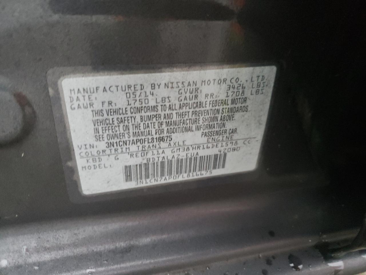 Photo 10 from auction – 2015 NISSAN VERSA S with VIN 3N1CN7AP0FL816675