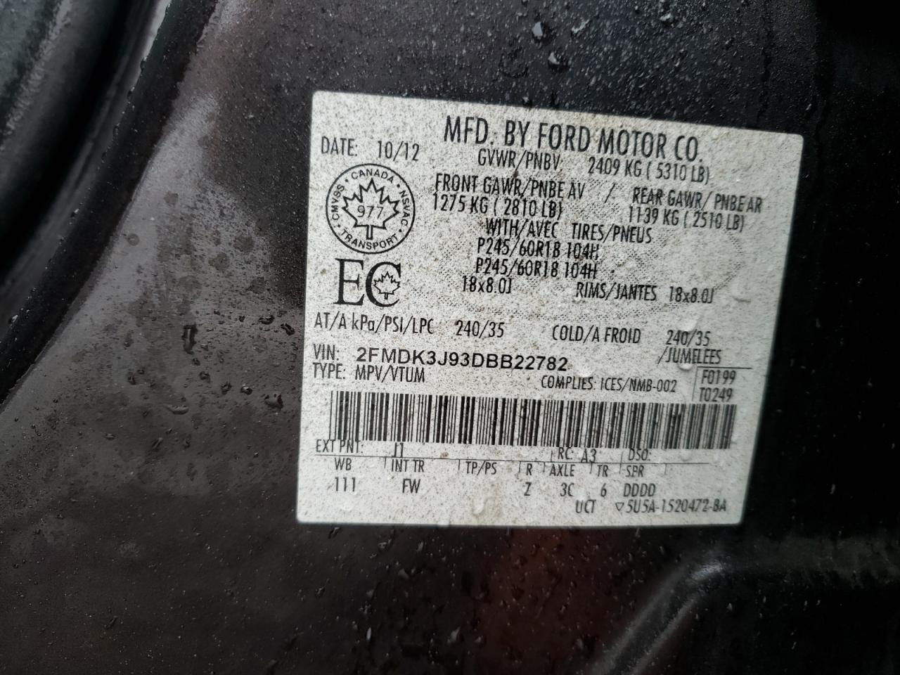 Photo 10 from auction – 2013 FORD EDGE SEL with VIN 2FMDK3J93DBB22782