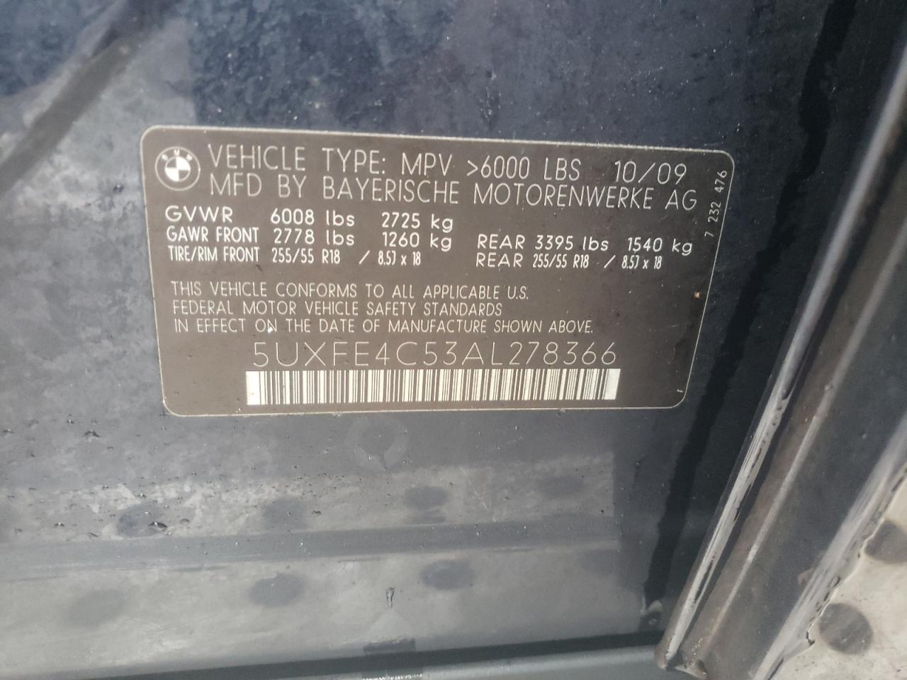 Photo 10 from auction – 2010 BMW X5 XDRIVE3 with VIN 5UXFE4C53AL278366