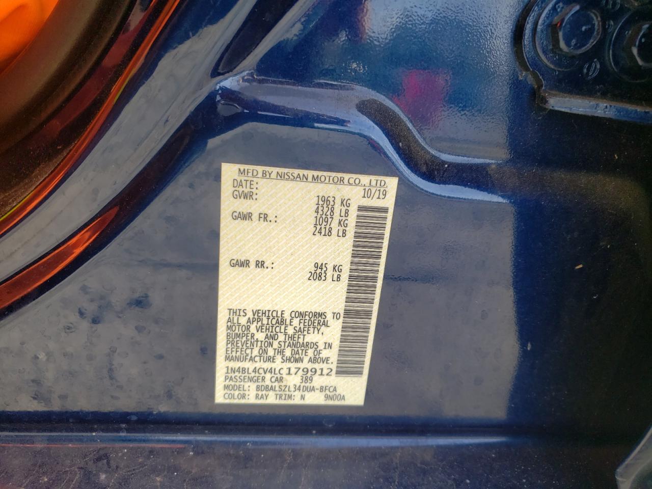 Photo 10 from auction – 2020 NISSAN ALTIMA SR with VIN 1N4BL4CV4LC179912
