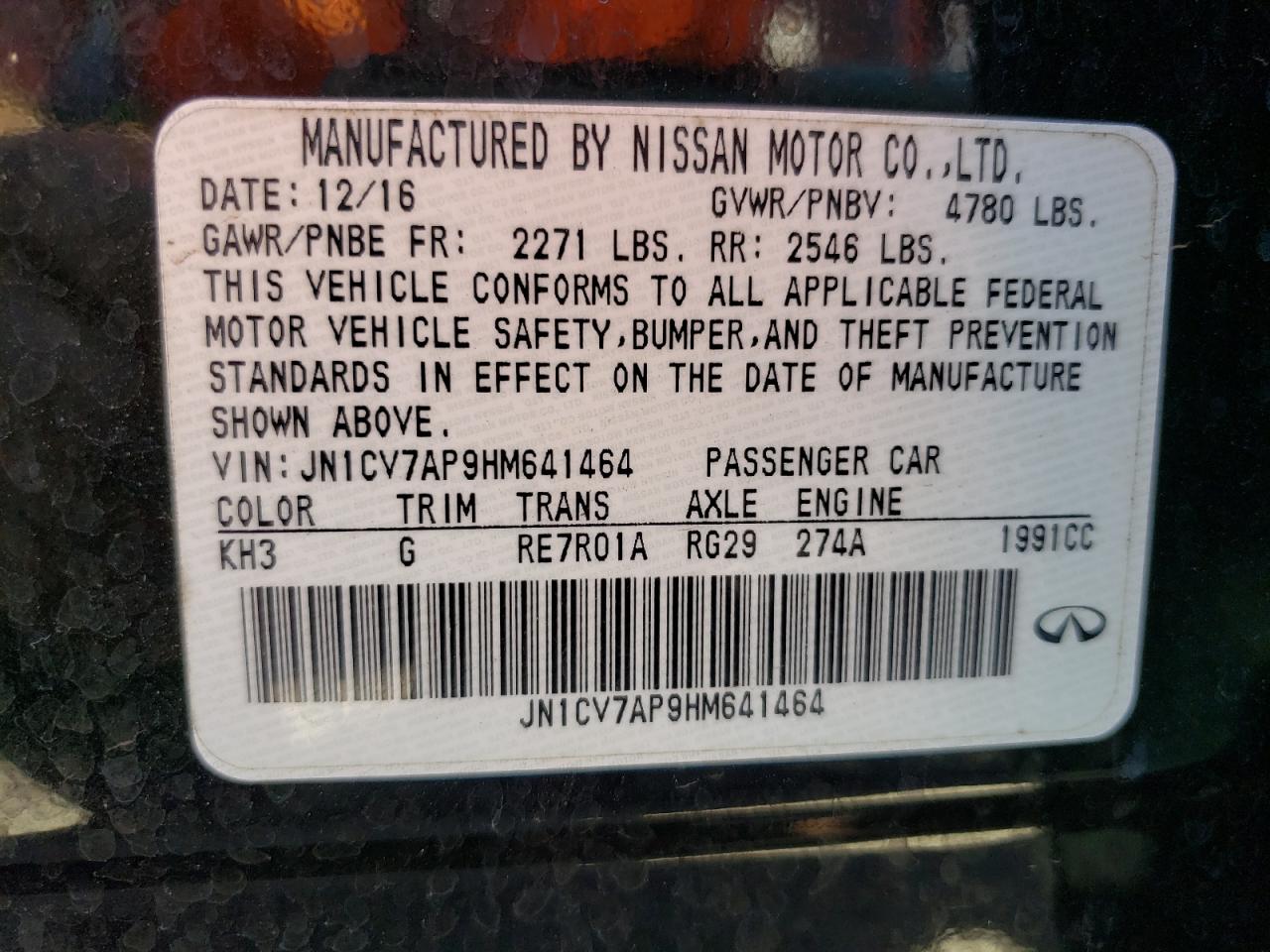 Photo 10 from auction – 2017 INFINITI Q50 BASE with VIN JN1CV7AP9HM641464