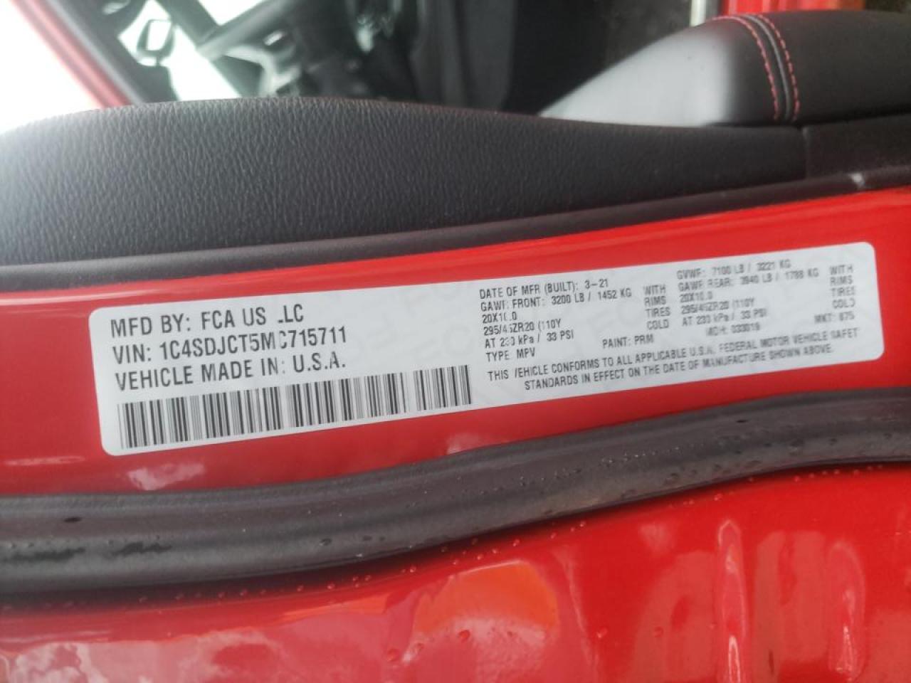 Photo 10 from auction – 2021 DODGE DURANGO R/ with VIN 1C4SDJCT5MC715711