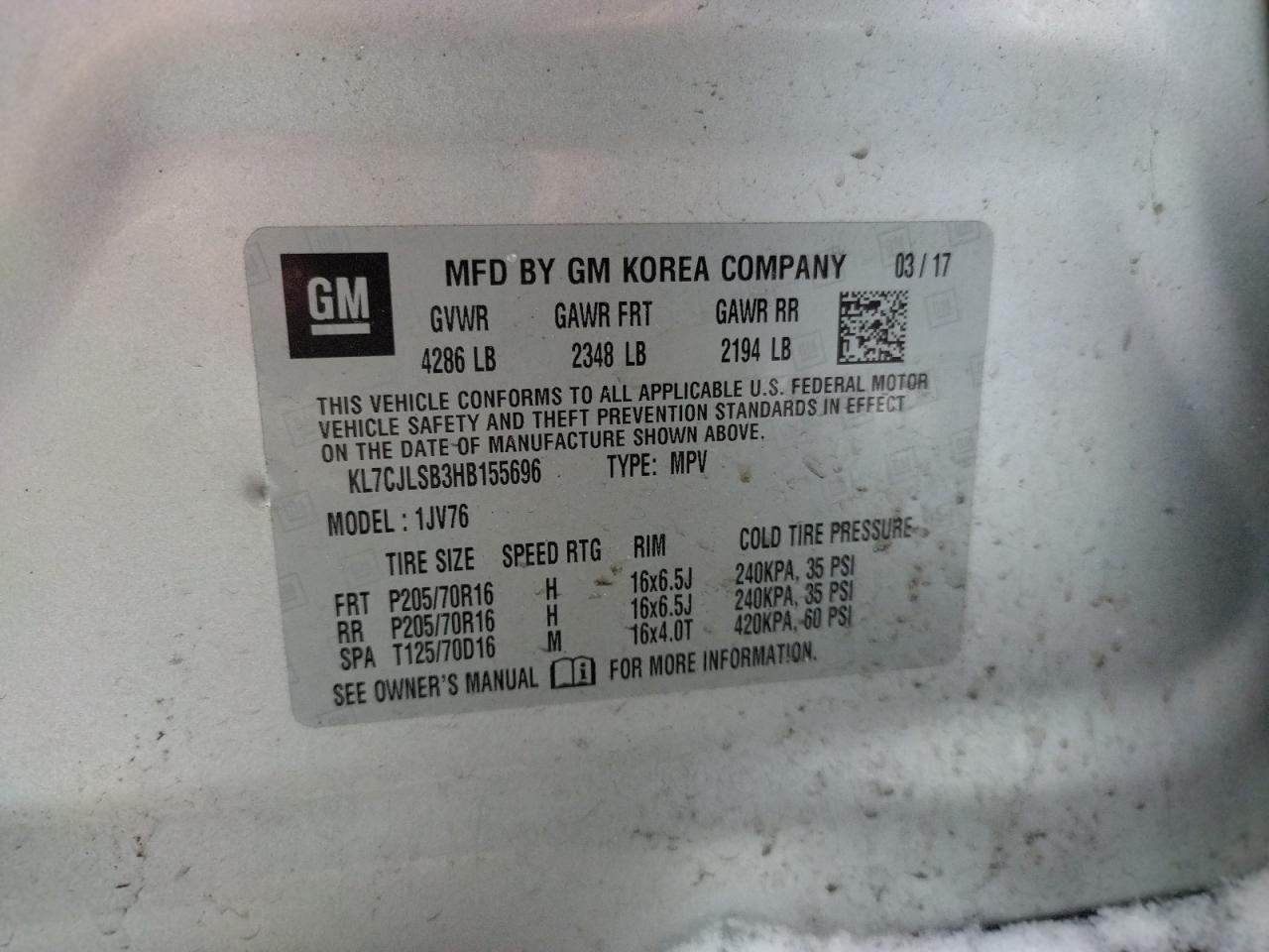 Photo 10 from auction – 2017 CHEVROLET TRAX 1LT with VIN KL7CJLSB3HB155696