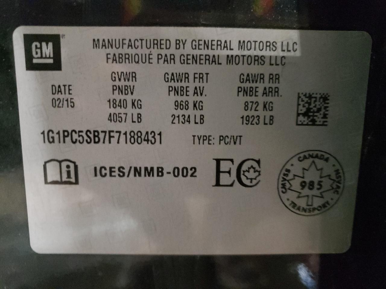 Photo 10 from auction – 2015 CHEVROLET CRUZE LT with VIN 1G1PC5SB7F7188431