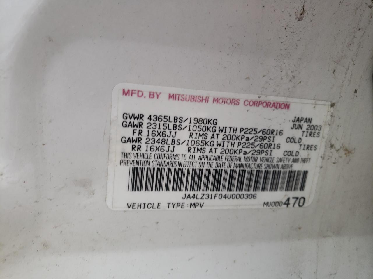Photo 10 from auction – 2004 MITSUBISHI OUTLANDER with VIN JA4LZ31F04U000306
