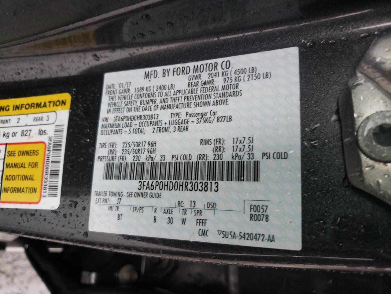 Photo 10 from auction – 2017 FORD FUSION SE with VIN 3FA6P0HD0HR303813