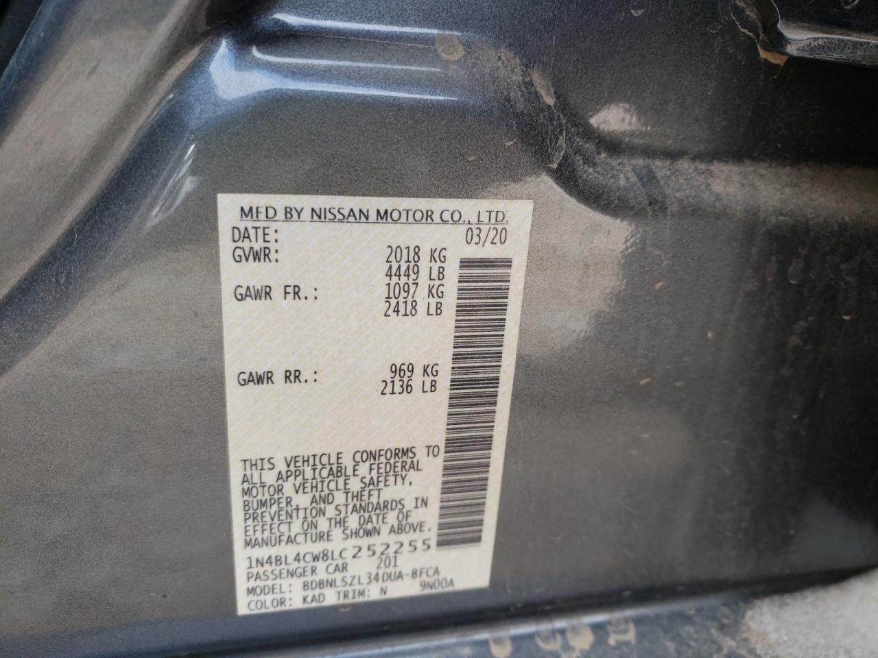 Photo 10 from auction – 2020 NISSAN ALTIMA SR with VIN 1N4BL4CW8LC252255