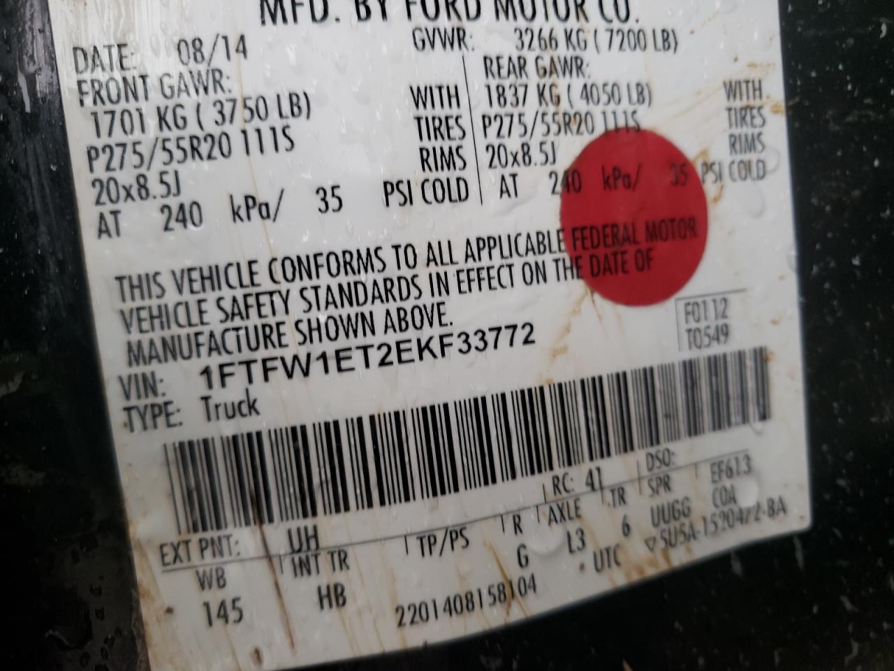 Photo 10 from auction – 2014 FORD F150 SUPER with VIN 1FTFW1ET2EKF33772
