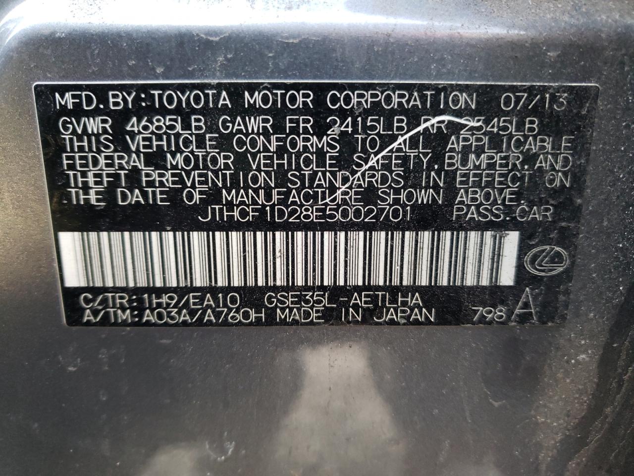Photo 10 from auction – 2014 LEXUS IS 250 with VIN JTHCF1D28E5002701