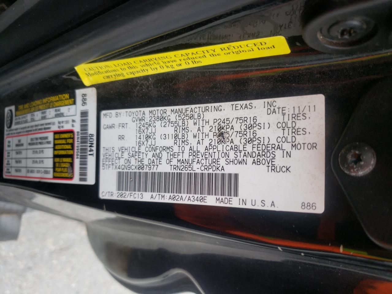 Photo 10 from auction – 2012 TOYOTA TACOMA PRE with VIN 5TFTX4GN9CX007977