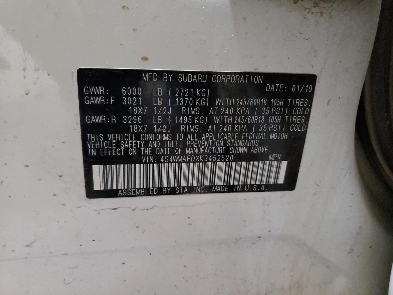 Photo 10 from auction – 2019 SUBARU ASCENT PRE with VIN 4S4WMAFDXK3452520