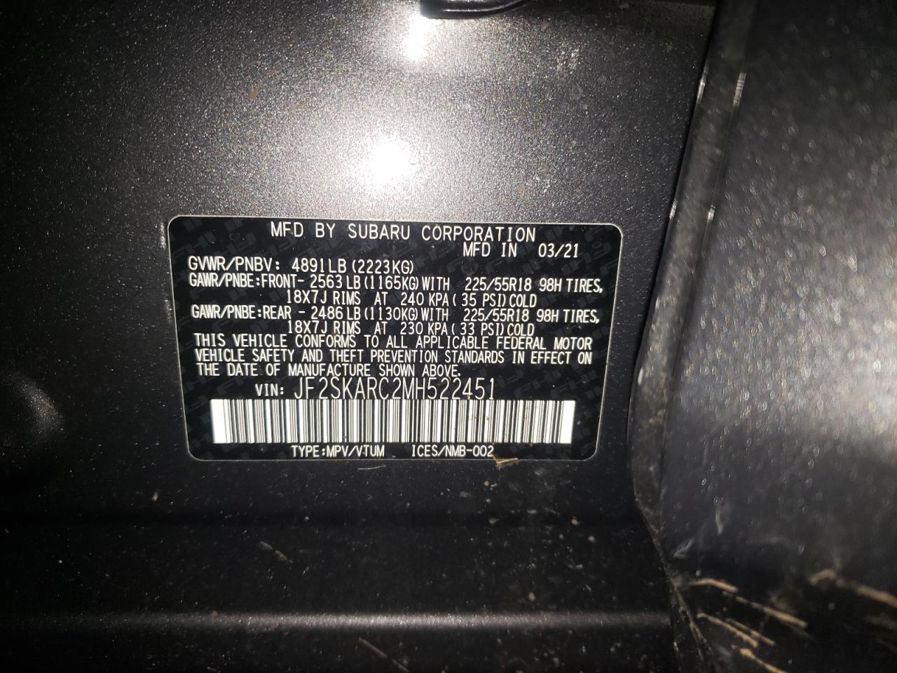 Photo 10 from auction – 2021 SUBARU FORESTER S with VIN JF2SKARC2MH522451