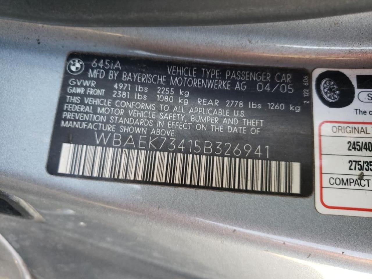Photo 10 from auction – 2005 BMW 645 CI AUT with VIN WBAEK73415B326941