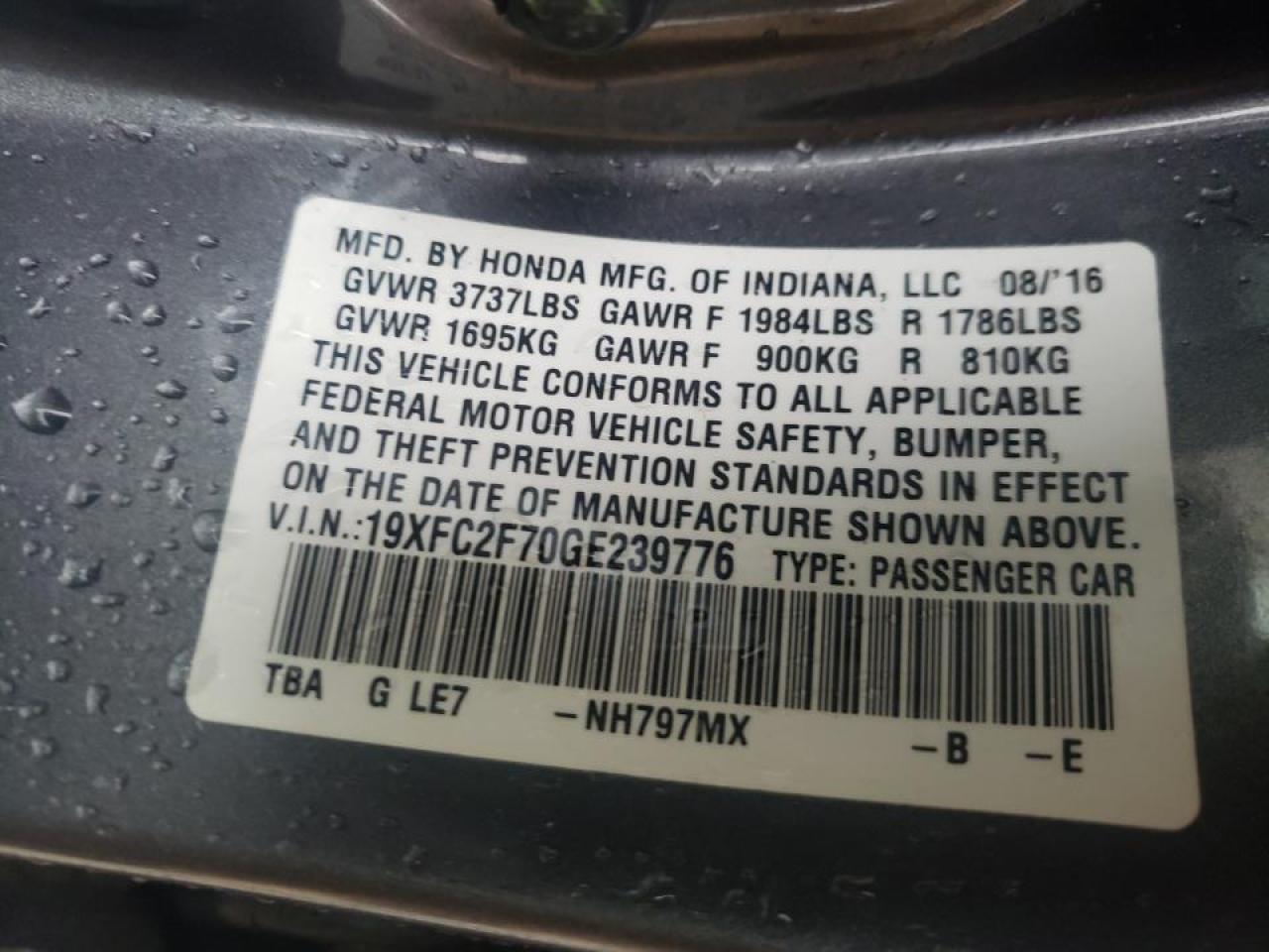Photo 10 from auction – 2016 HONDA CIVIC EX with VIN 19XFC2F70GE239776