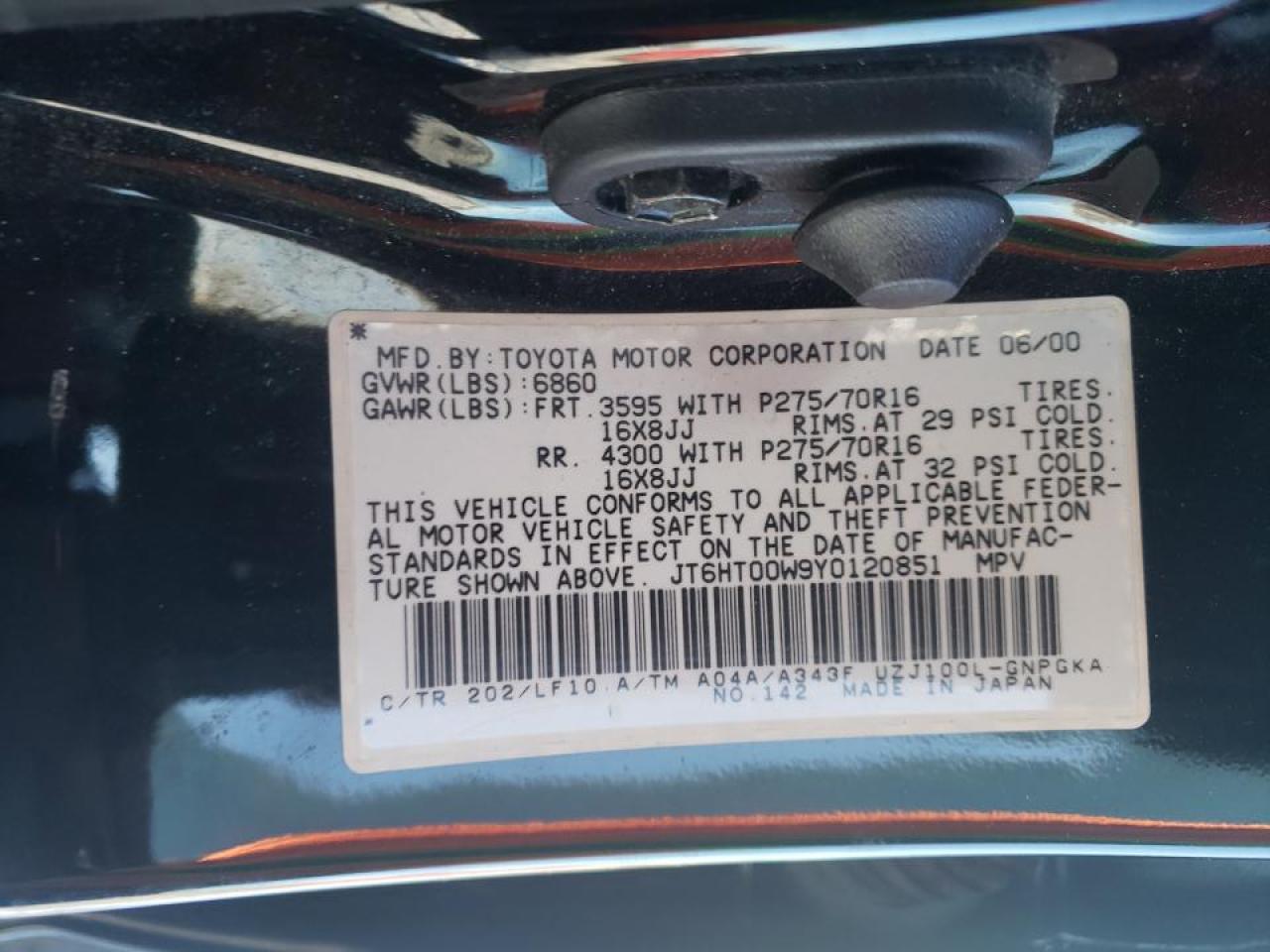 Photo 10 from auction – 2000 LEXUS LX 470 with VIN JT6HT00W9Y0120851