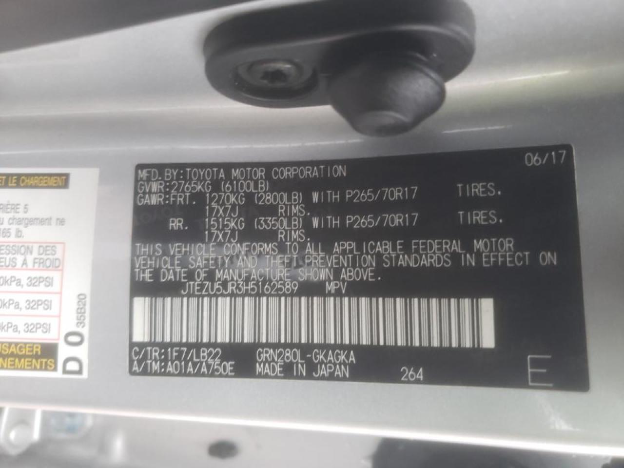 Photo 10 from auction – 2017 TOYOTA 4RUNNER SR with VIN JTEZU5JR3H5162589