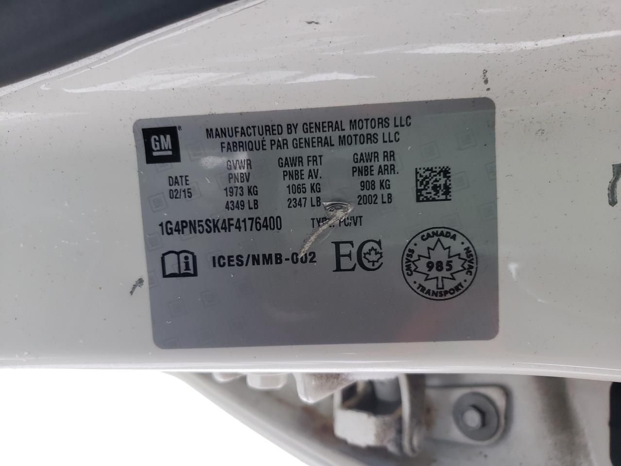 Photo 10 from auction – 2015 BUICK VERANO with VIN 1G4PN5SK4F4176400