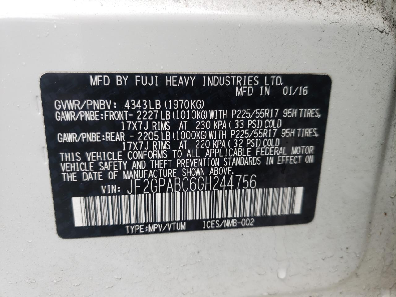 Photo 10 from auction – 2016 SUBARU CROSSTREK with VIN JF2GPABC6GH244756