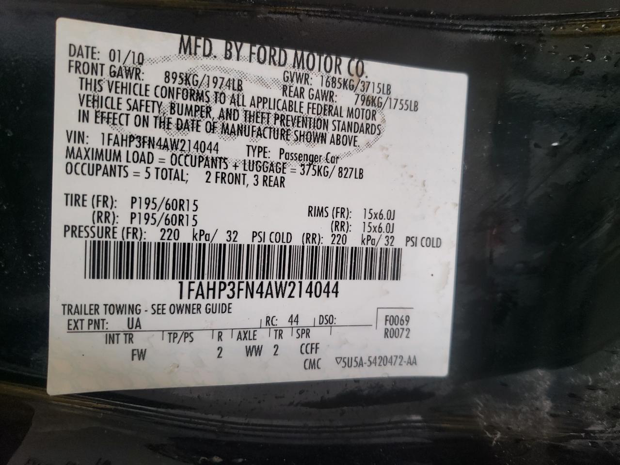 Photo 10 from auction – 2010 FORD FOCUS SE with VIN 1FAHP3FN4AW214044