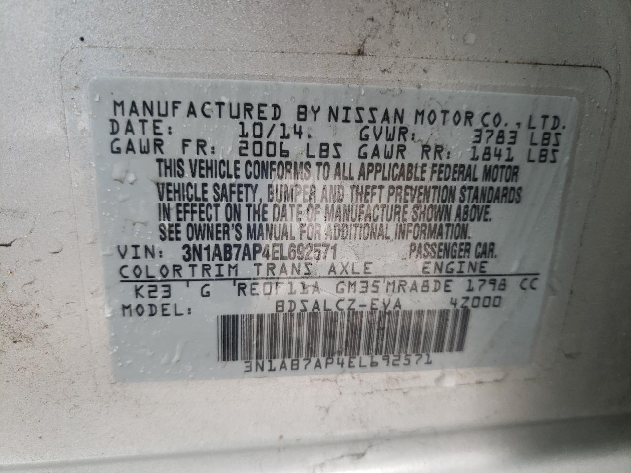 Photo 10 from auction – 2014 NISSAN SENTRA S with VIN 3N1AB7AP4EL692571