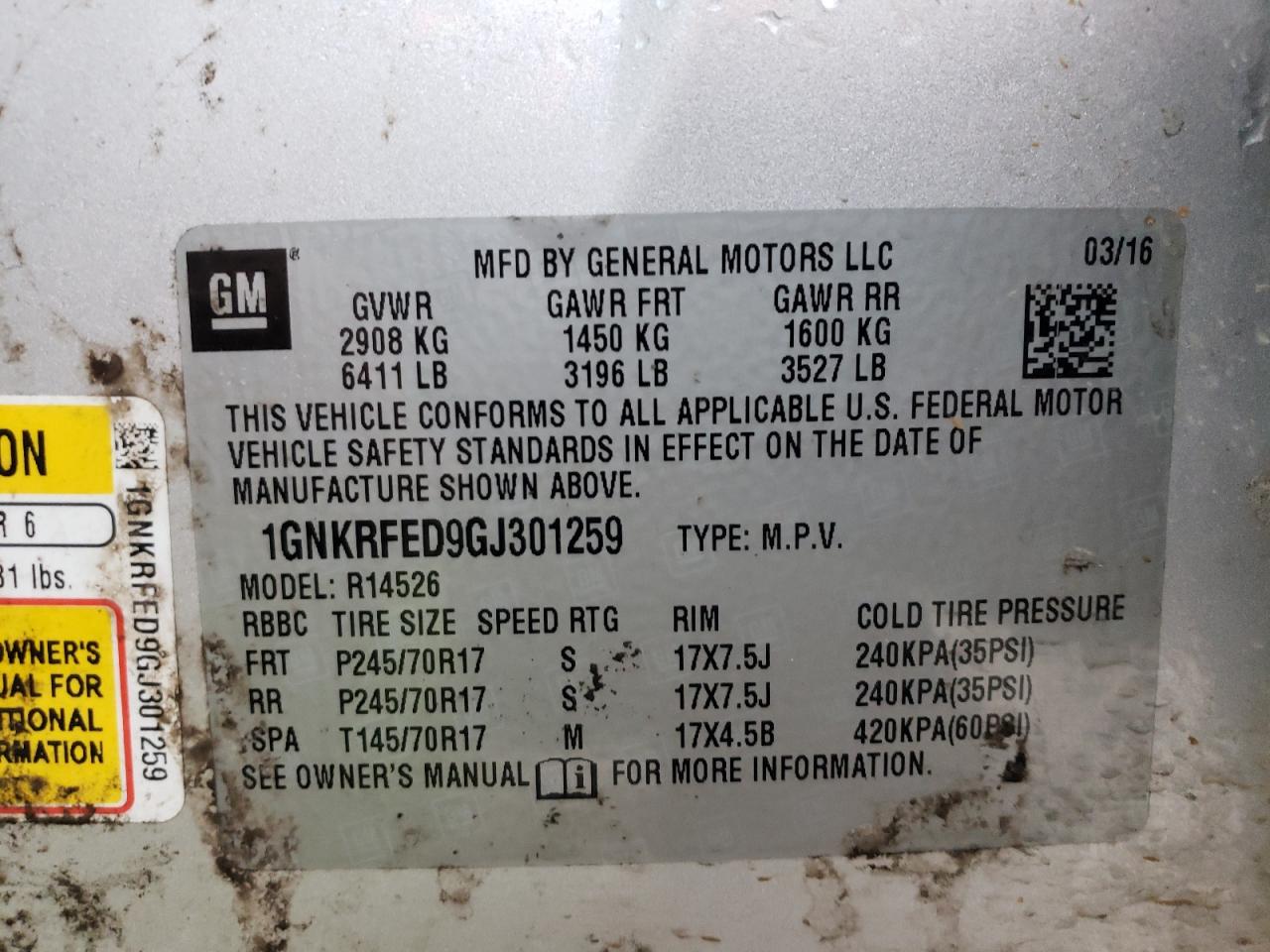 Photo 10 from auction – 2016 CHEVROLET TRAVERSE L with VIN 1GNKRFED9GJ301259