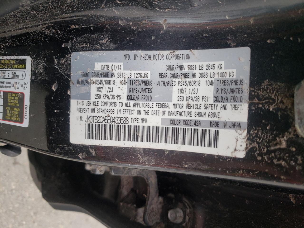 Photo 10 from auction – 2014 MAZDA CX-9 TOURI with VIN JM3TB2CA5E0433688