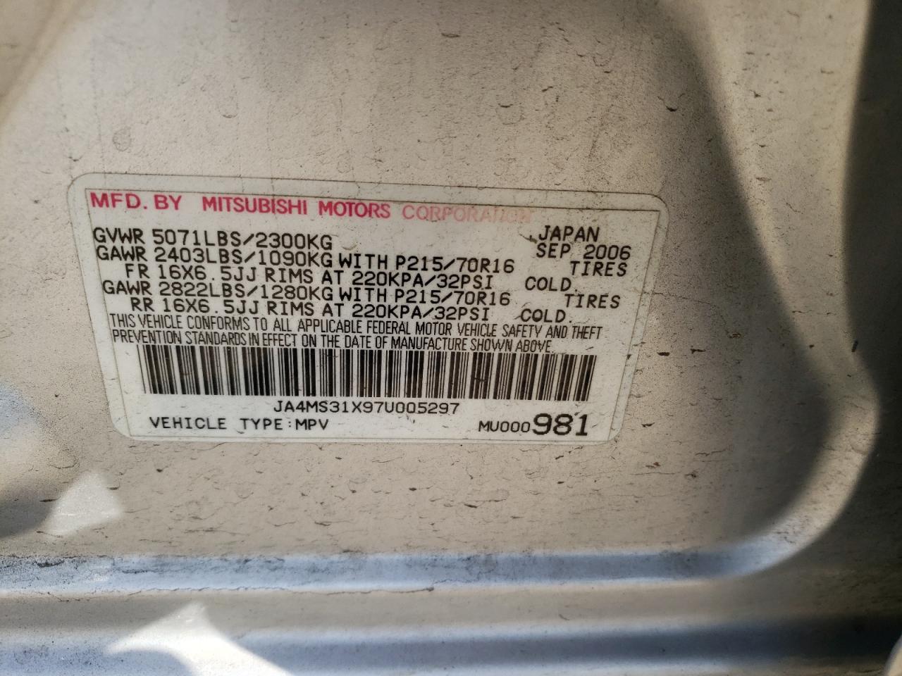 Photo 10 from auction – 2007 MITSUBISHI OUTLANDER with VIN JA4MS31X97U005297