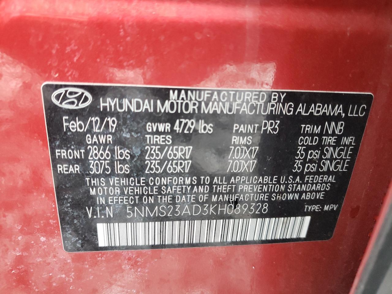 Photo 10 from auction – 2019 HYUNDAI SANTA FE S with VIN 5NMS23AD3KH089328