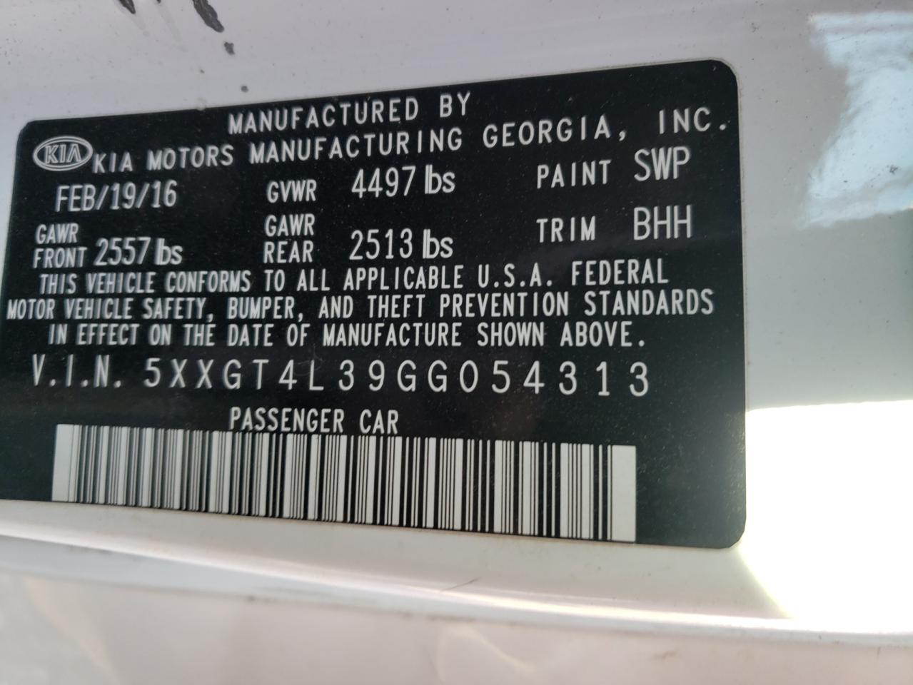 Photo 10 from auction – 2016 KIA OPTIMA LX with VIN 5XXGT4L39GG054313