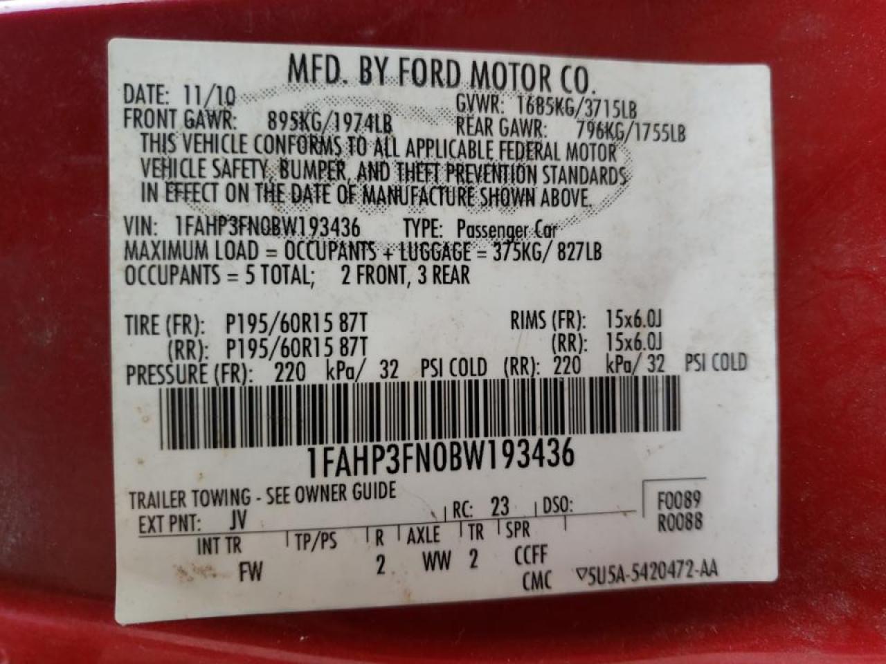 Photo 10 from auction – 2011 FORD FOCUS with VIN 1FAHP3FN0BW193436