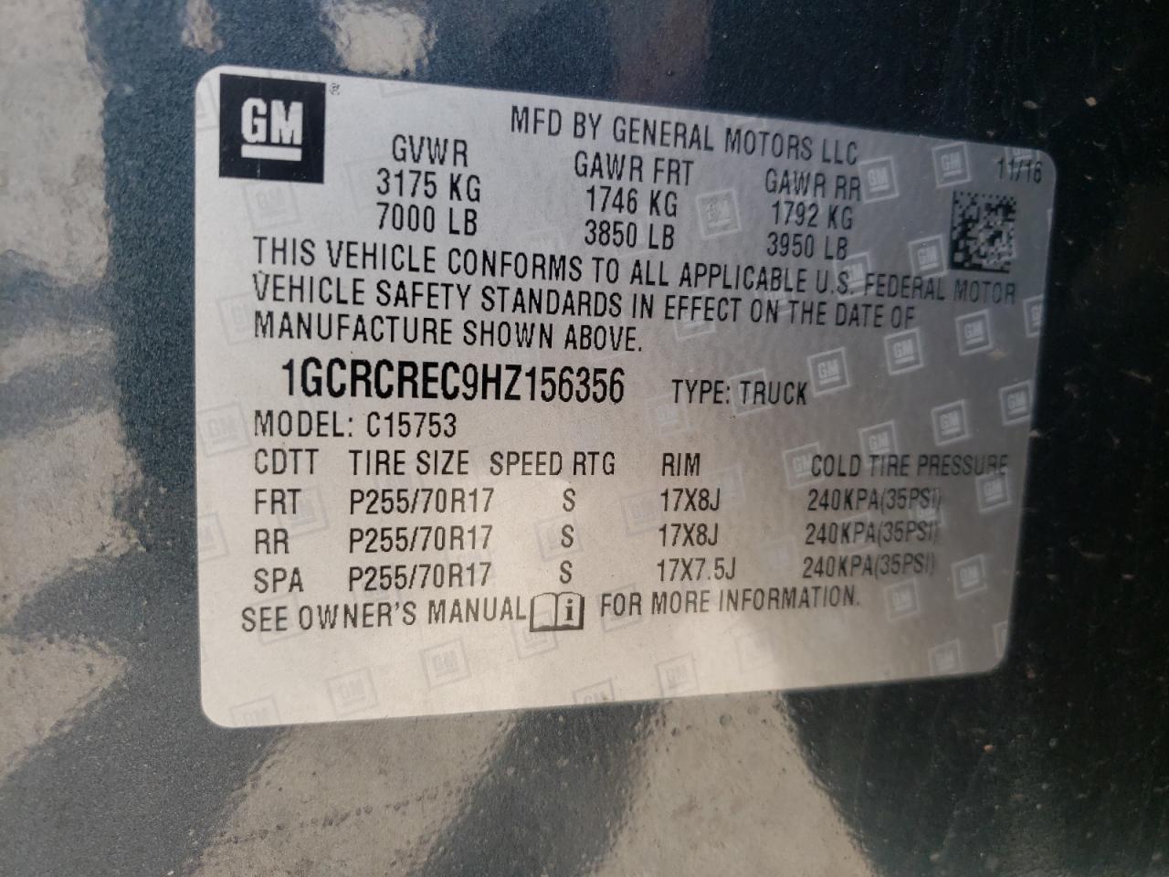 Photo 10 from auction – 2017 CHEVROLET SILVERADO with VIN 1GCRCREC9HZ156356
