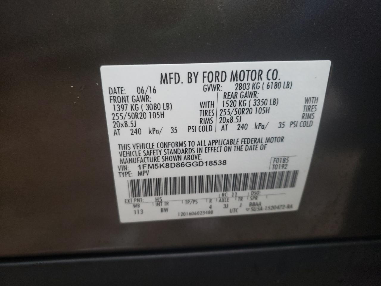 Photo 10 from auction – 2016 FORD EXPLORER X with VIN 1FM5K8D86GGD18538