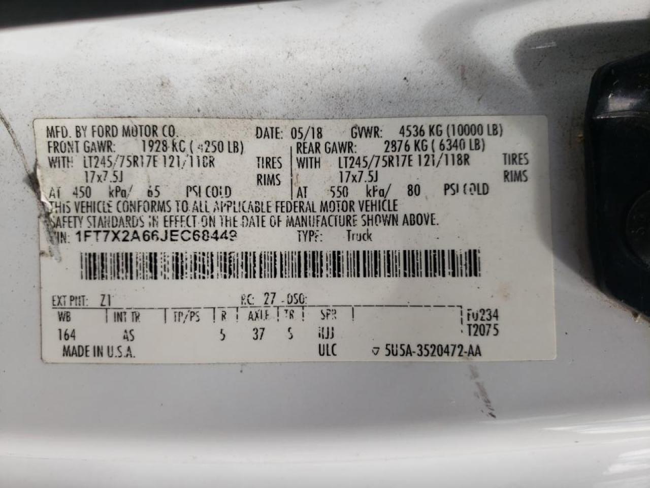 Photo 10 from auction – 2018 FORD F250 SUPER with VIN 1FT7X2A66JEC68449
